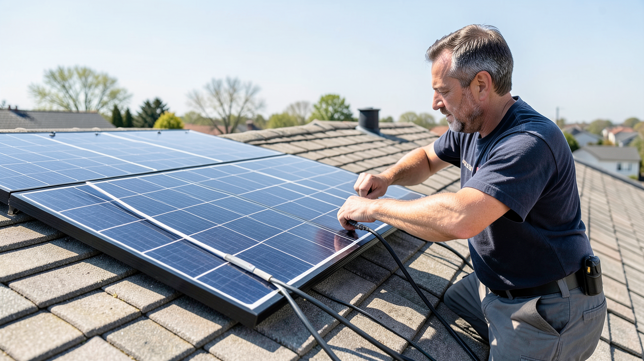 panneau solaire 12v 100w installé sur un toit résidentiel avec technicien ajustant les câbles