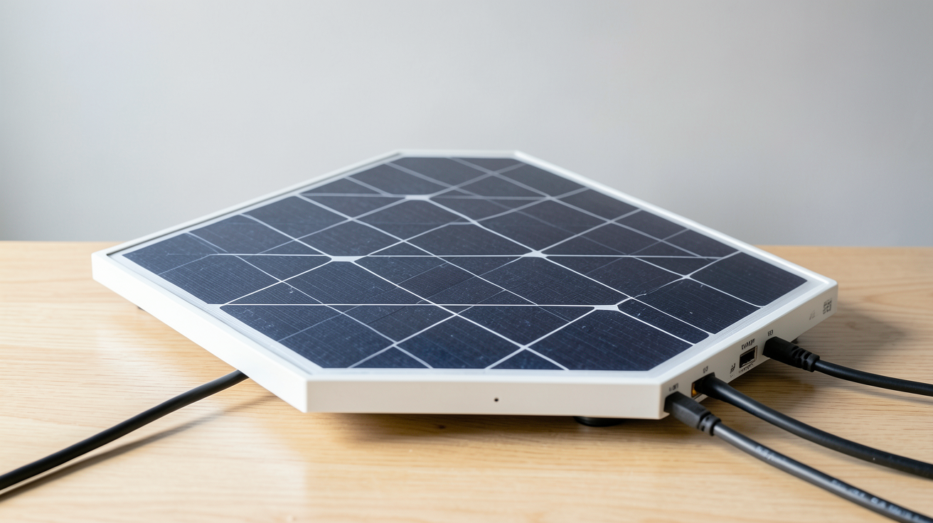 panneau solaire 12v 10w monocristallin posé sur une surface en bois avec câbles de connexion visibles
