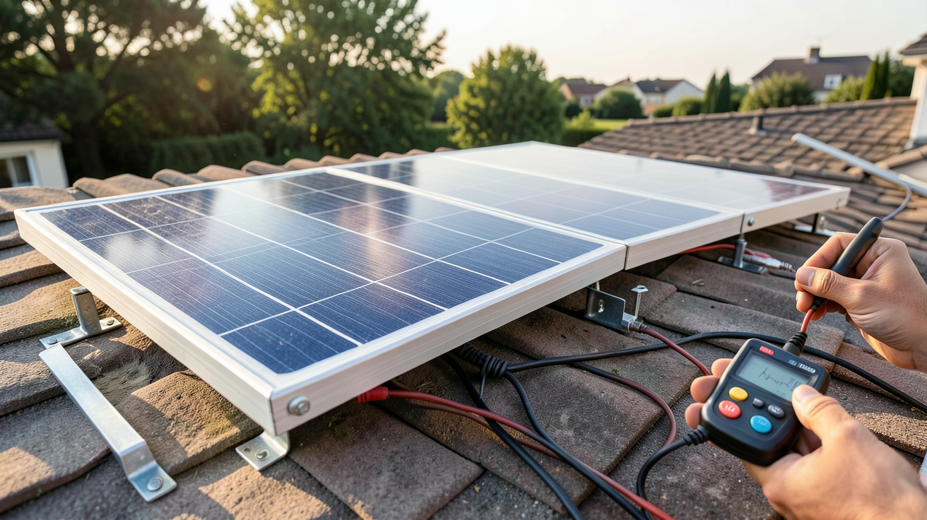 panneau solaire 12V 10W en cours d'installation sur un toit résidentiel avec fixation, raccordement et mise en service
