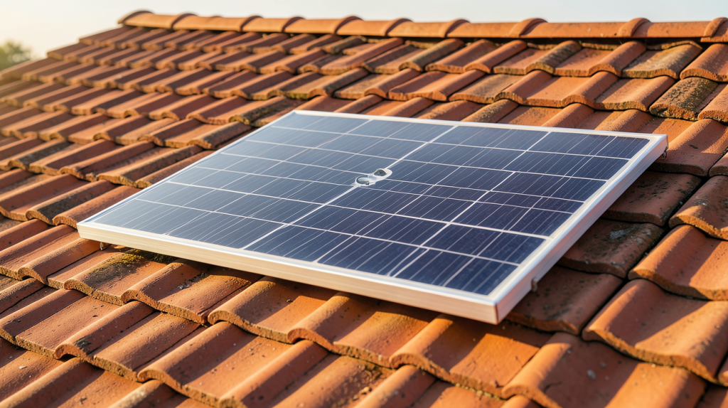 panneau solaire 12v 200w installé sur un toit en tuiles rouges