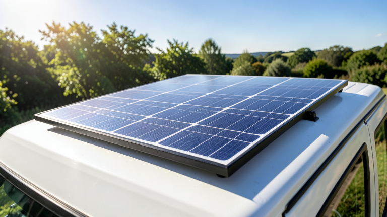 panneau solaire 12v 200w pas cher installé sur un véhicule de loisirs en plein air