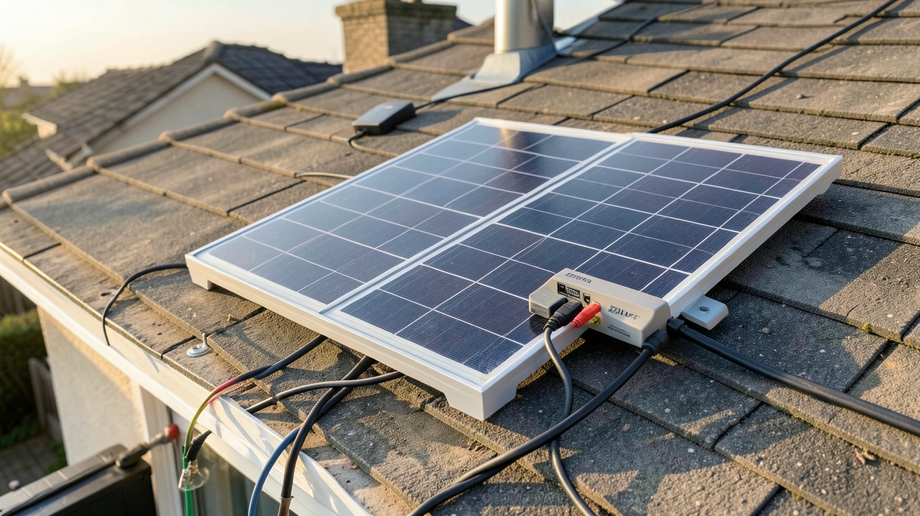 panneau solaire 12V 200W pas cher installé en DIY sur un toit avec branchement à une batterie
