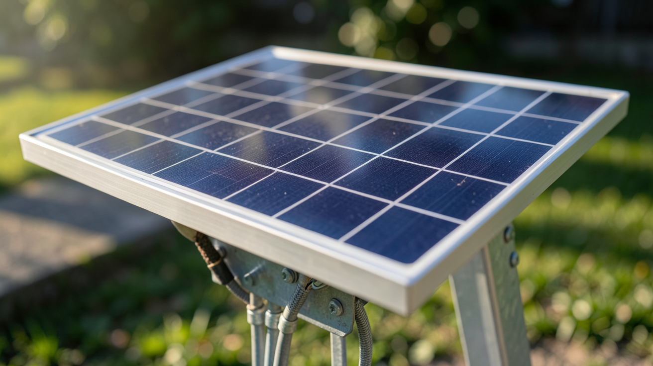 panneau solaire 12v 20w monocristallin posé sur support métallique extérieur avec lumière naturelle