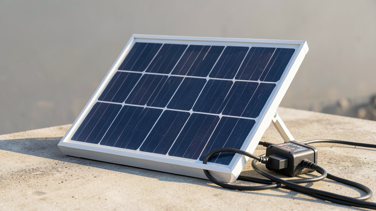 panneau solaire 12V 20W posé sur une surface plane avec câbles et régulateur de charge connectés