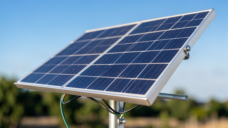 panneau solaire 12V 20W fixé sur un support métallique extérieur par une journée ensoleillée