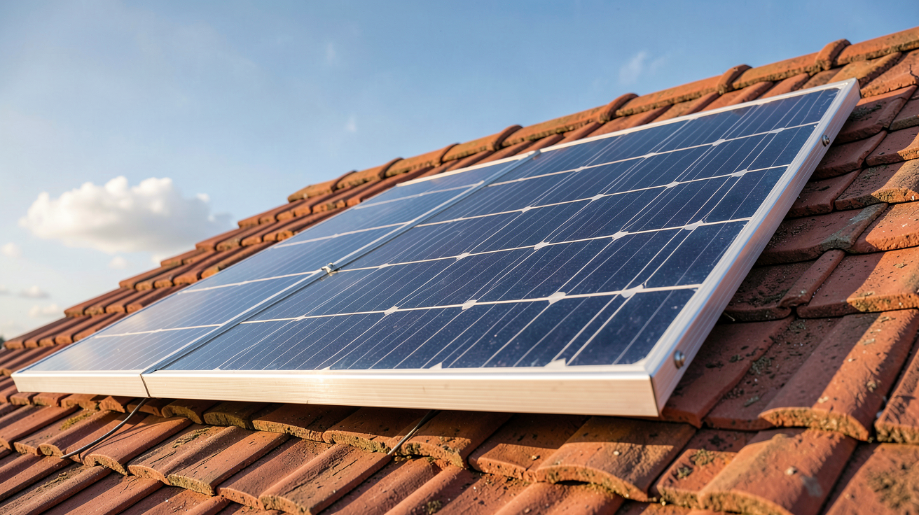 panneau solaire 12V 300W installé sur un toit en tuiles rouges sous un ciel bleu dégagé