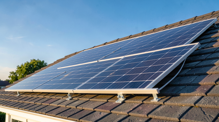 panneau solaire 12v 300w installé sur un toit résidentiel avec ciel bleu dégagé