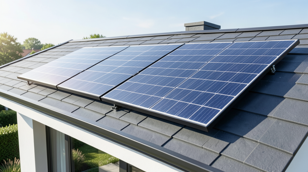 panneau solaire 12v 300w prix installé sur le toit d'une maison moderne, sous lumière naturelle
