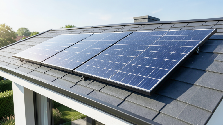 panneau solaire 12v 300w prix installé sur le toit d'une maison moderne, sous lumière naturelle