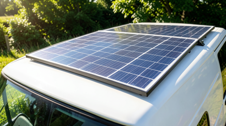 panneau solaire 12v 400w installé sur le toit d'un véhicule de camping sous le soleil