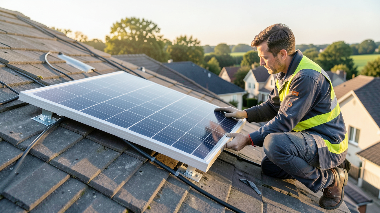 panneau solaire 12V 400W en cours d'installation sur un toit résidentiel par un professionnel