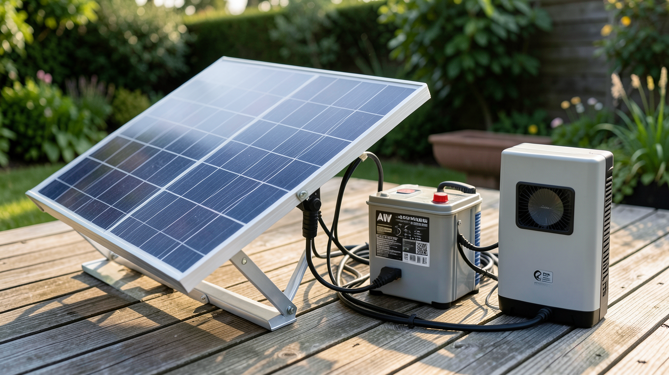 panneau solaire 12v 400w montrant un kit solaire complet avec trois configurations : panneau, batterie et onduleur