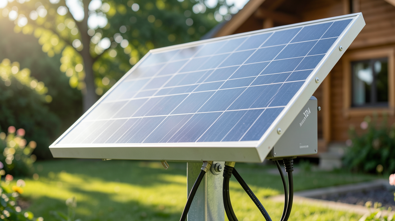 panneau solaire 12V avec batterie lithium-ion installé sur un support métallique, lumière naturelle du matin