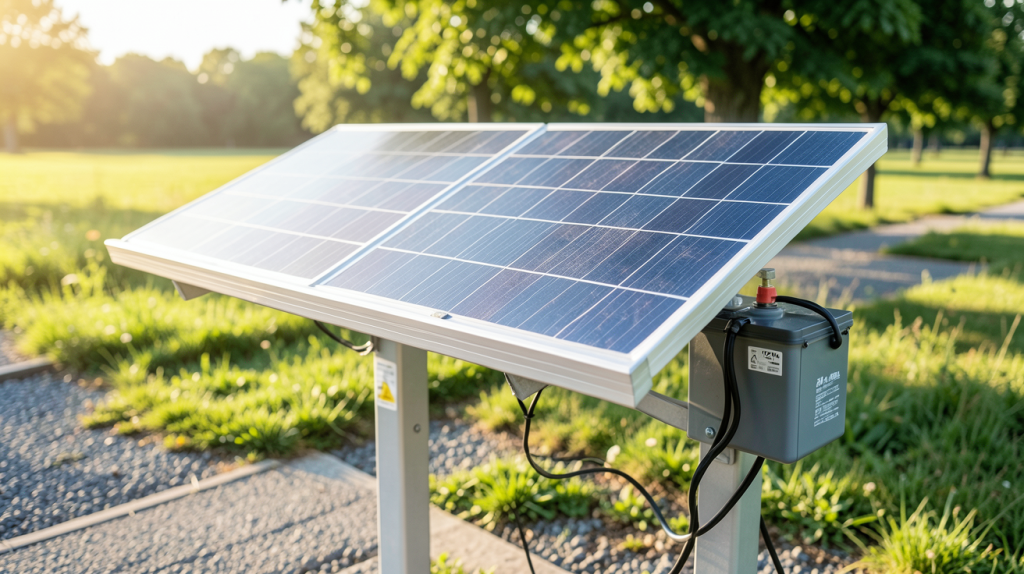 panneau solaire 12V avec batterie lithium-ion installé à l'extérieur sous un ciel dégagé