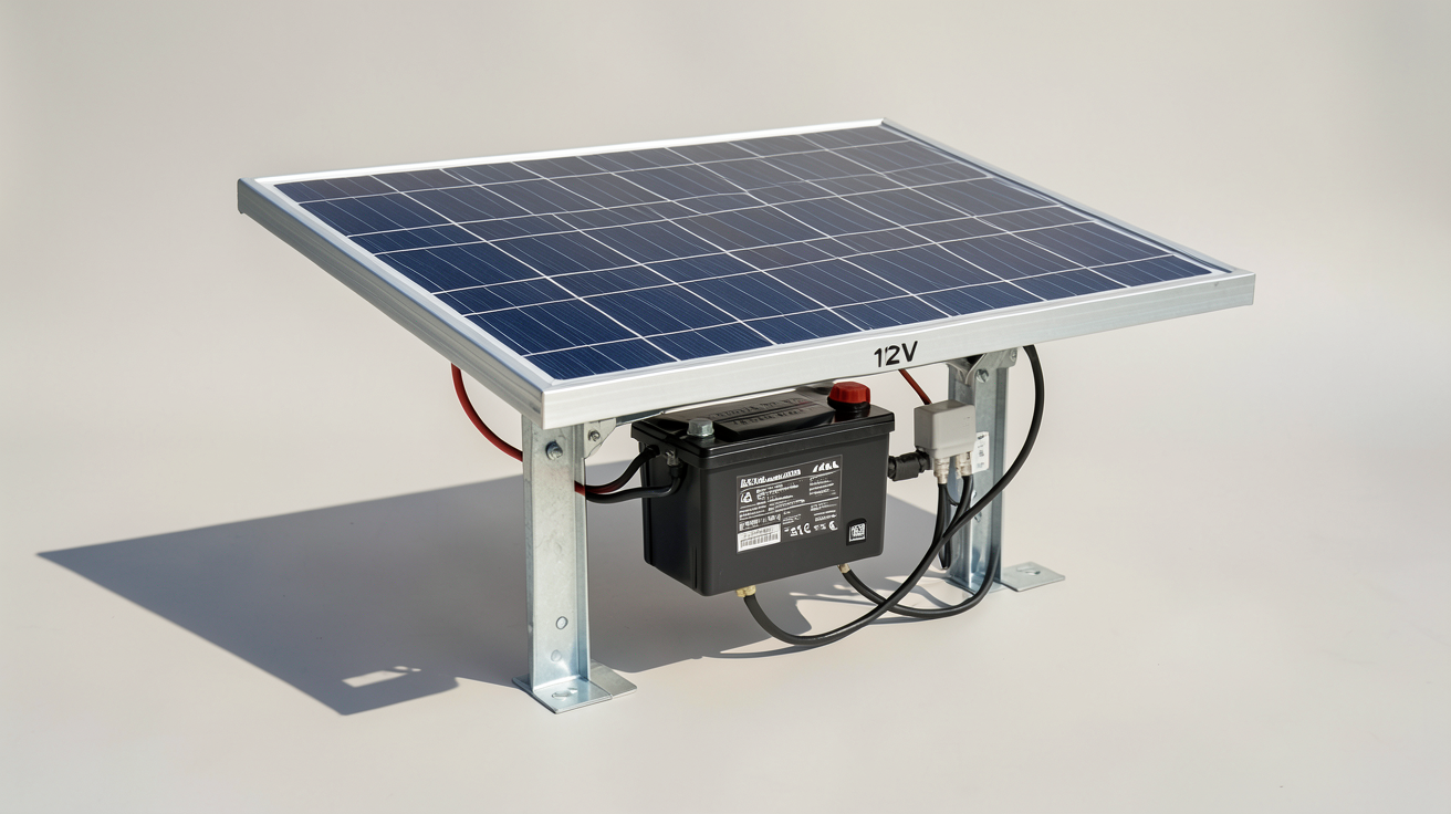 panneau solaire 12V avec batterie installé sur un support métallique pour une installation autonome