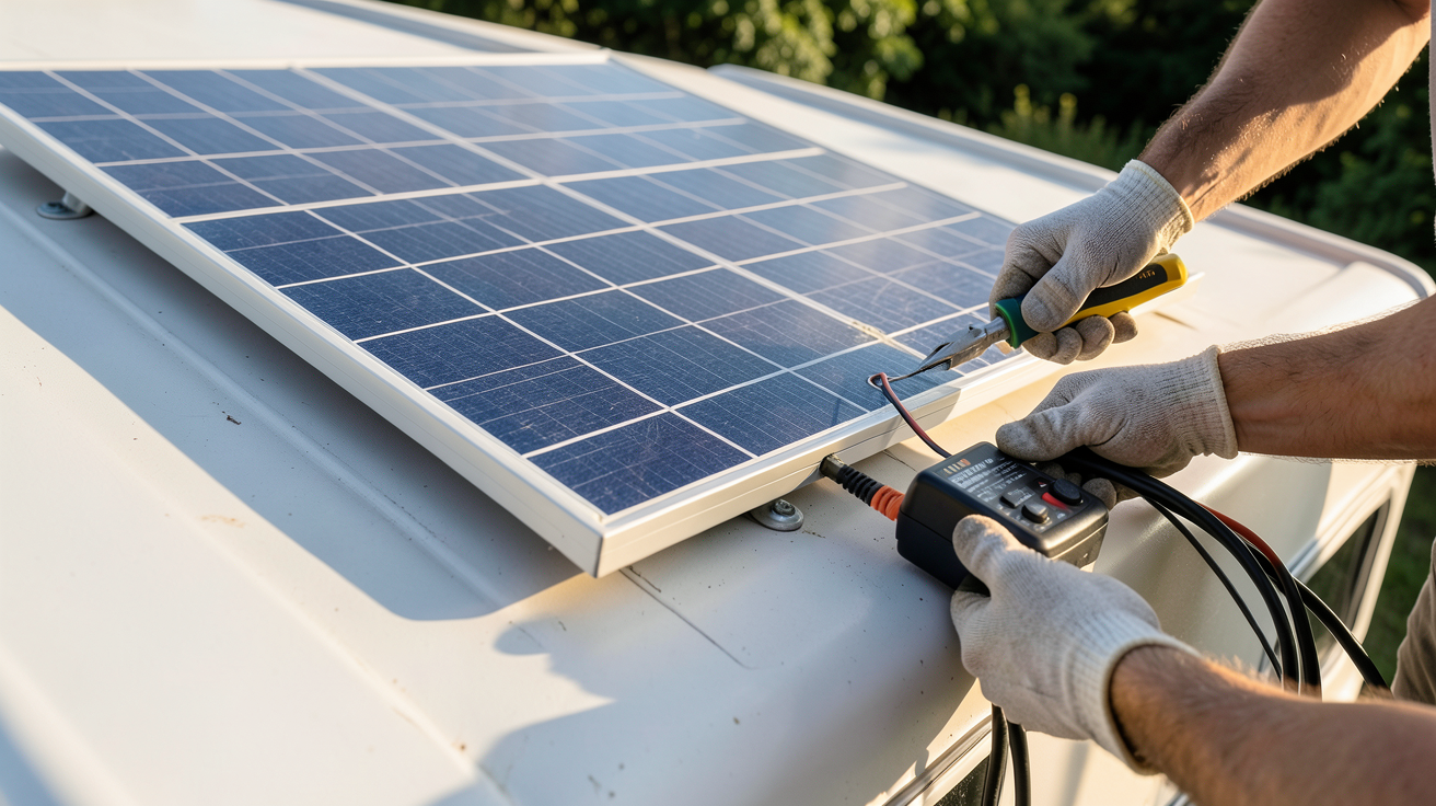 panneau solaire 12V en cours d'installation sur le toit d'un camping-car avec outils et câbles