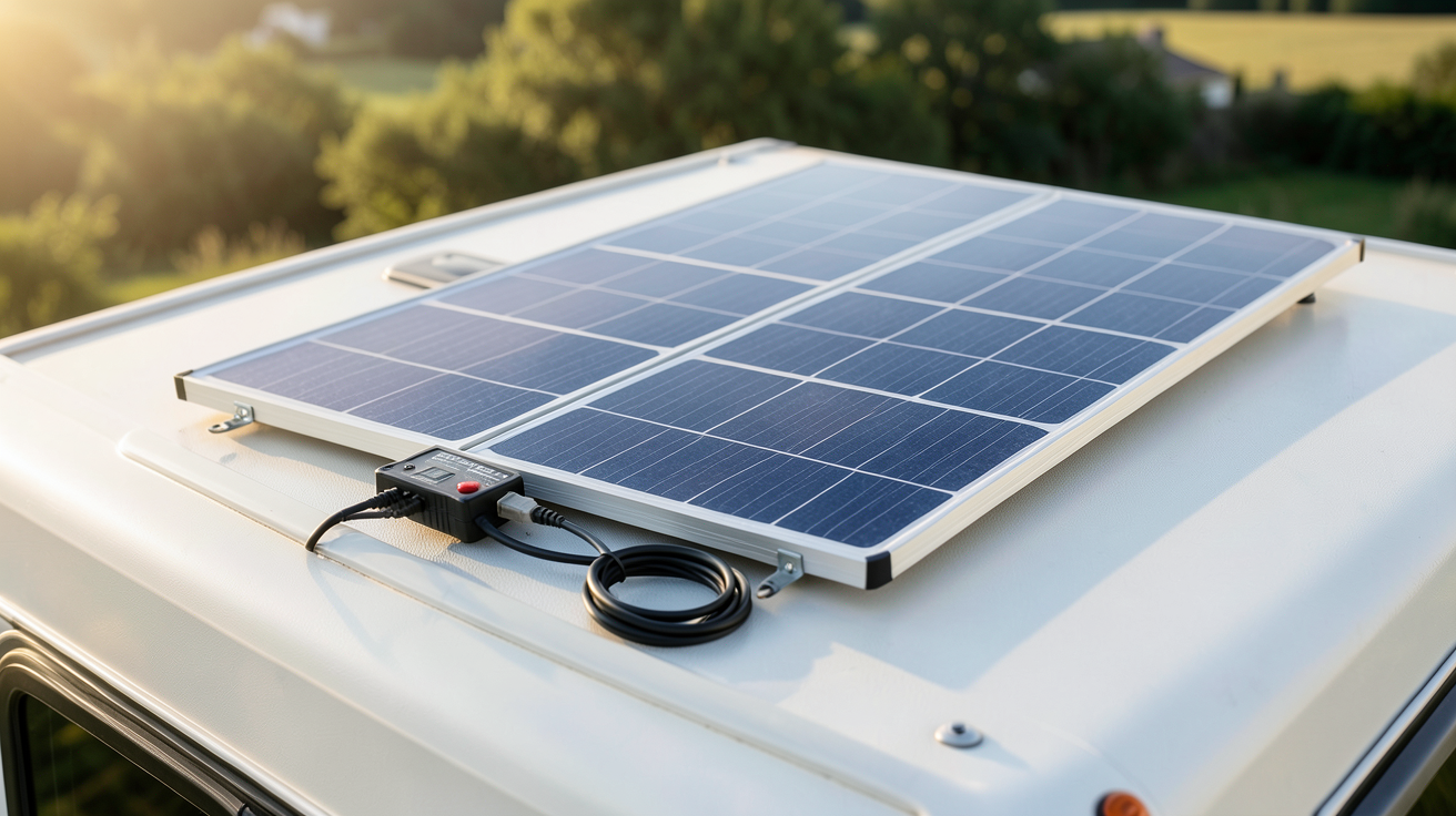 panneau solaire 12v camping car kit prêt à l'emploi installé sur le toit d'un camping-car moderne