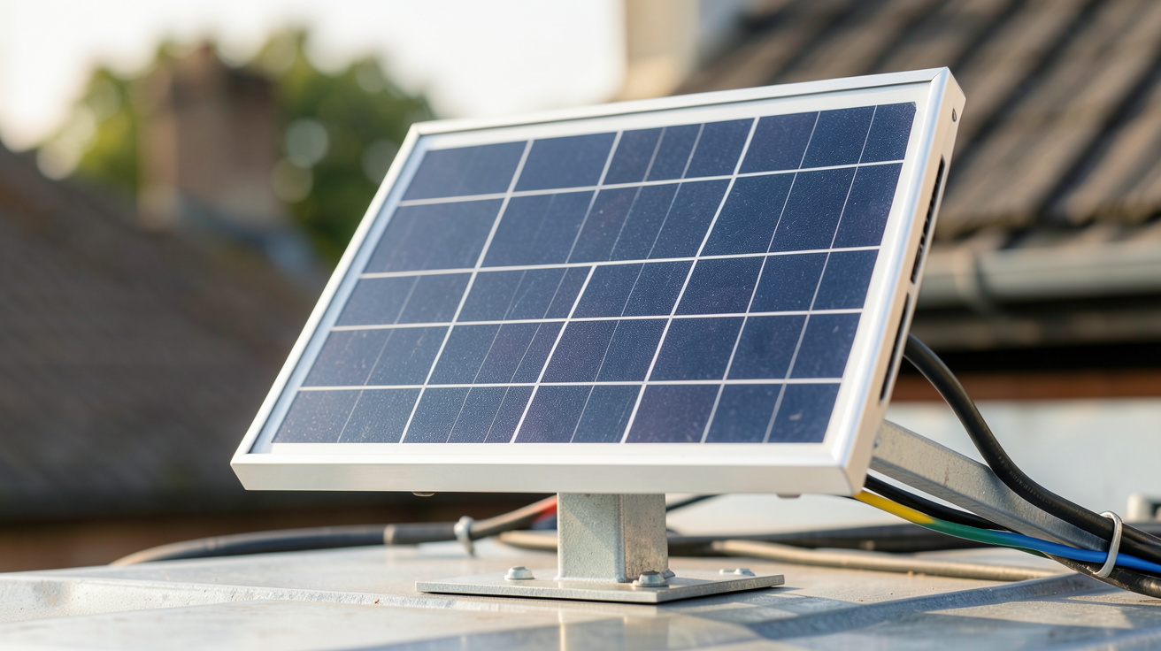panneau solaire 12V posé sur un support métallique pour illustrer le dimensionnement