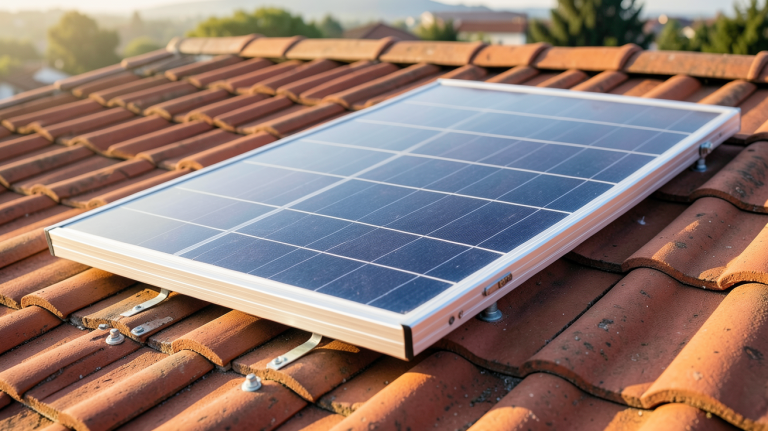 panneau solaire 12V installé sur un toit en tuiles rouges avec une lumière naturelle du matin