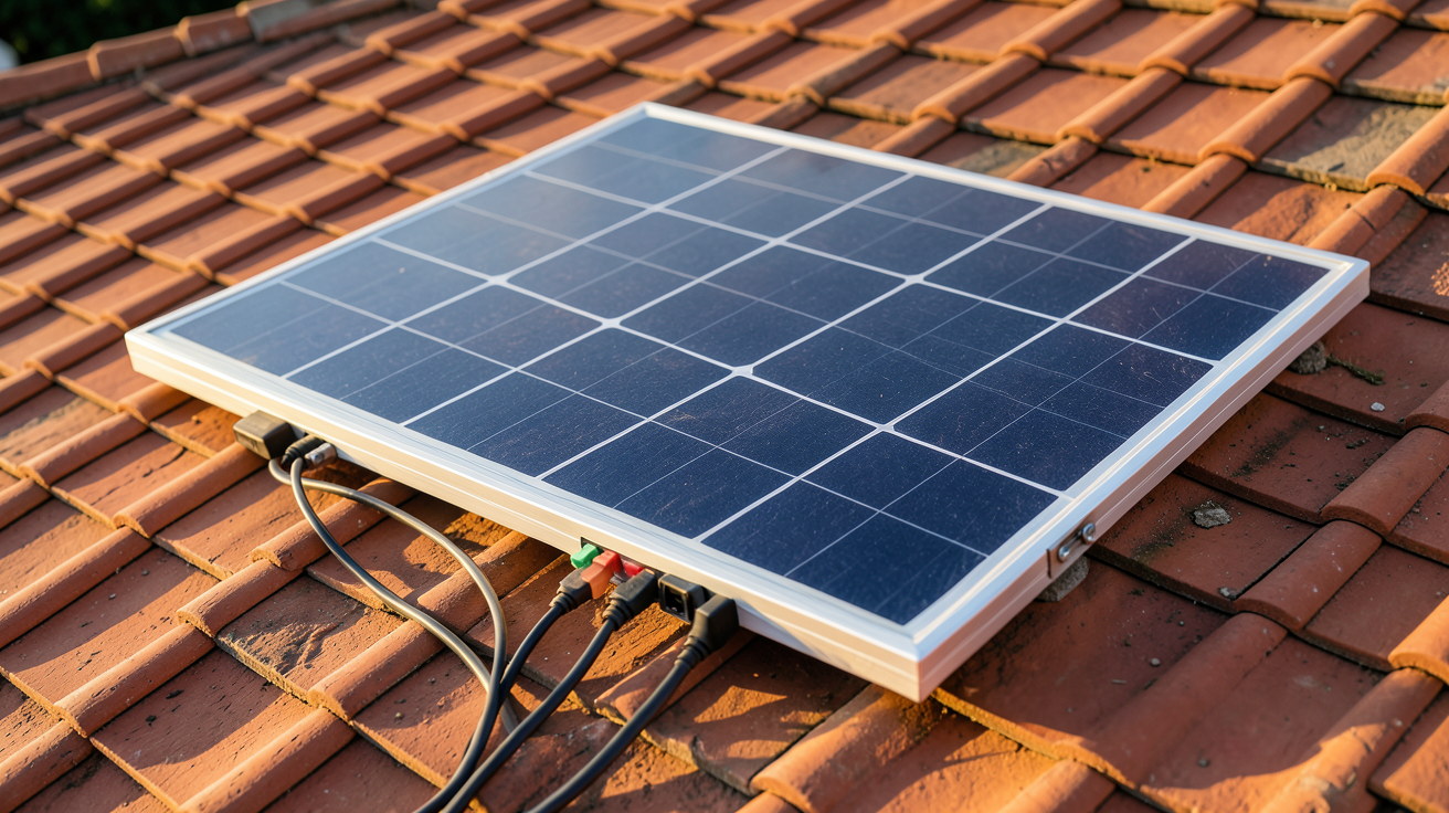 panneau solaire 12V installé sur un toit en tuiles rouges avec câbles et régulateur de charge