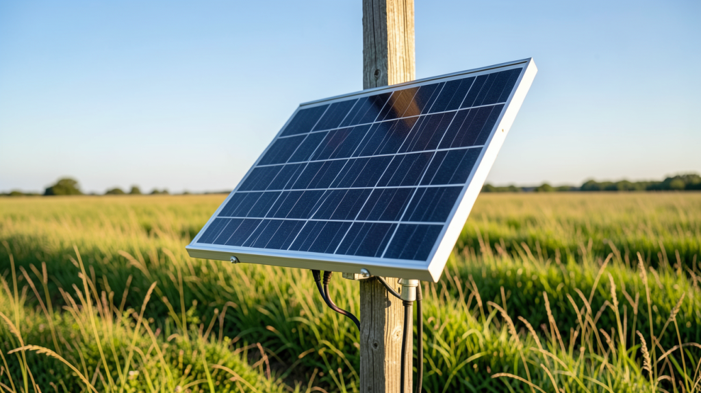 panneau solaire 12v pour clôture électrique installé sur un poteau en bois dans un champ herbeux
