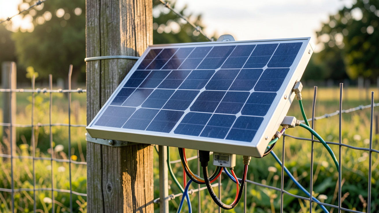 panneau solaire 12v pour clôture électrique installé sur un poteau en bois avec câblage visible