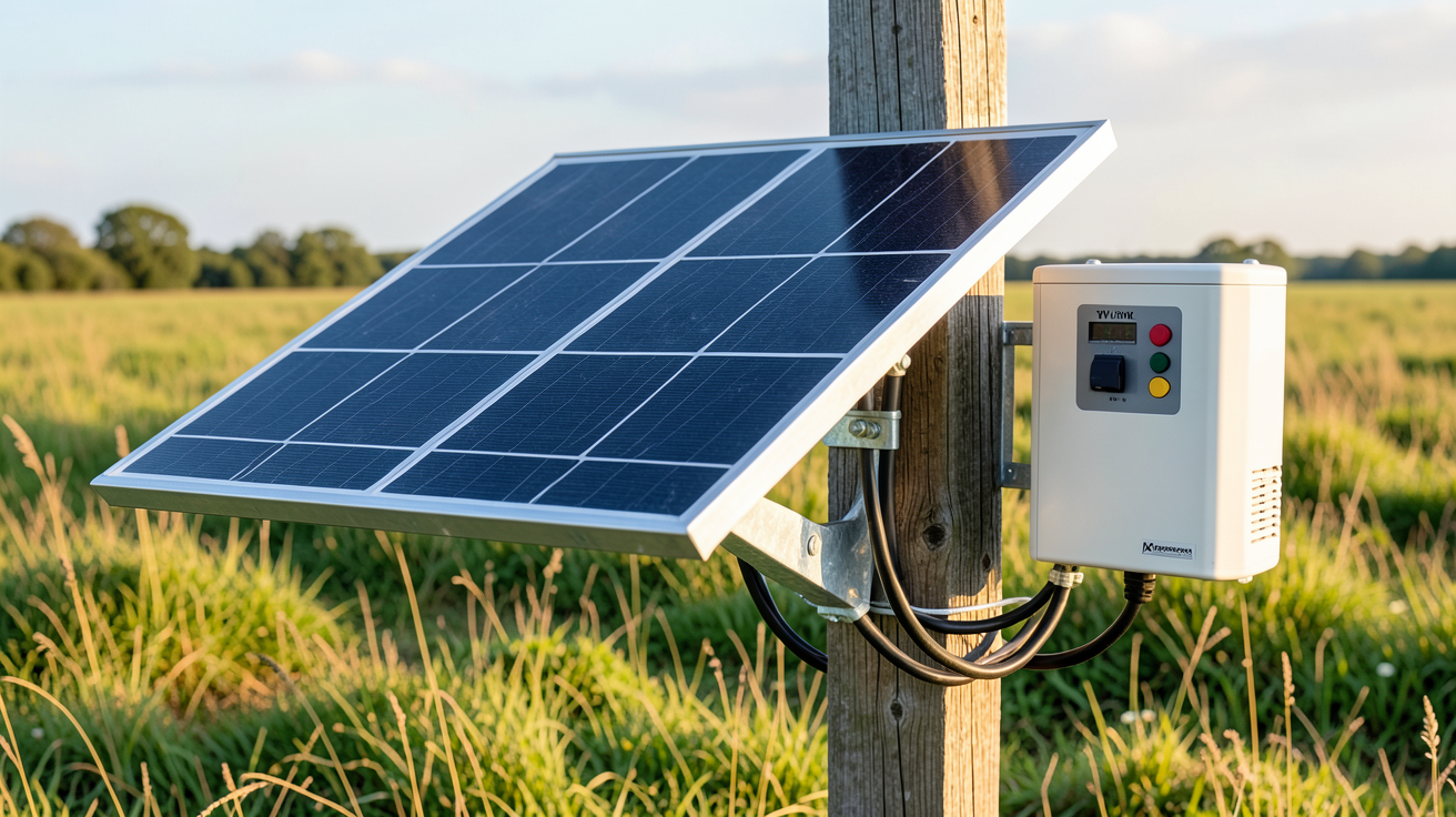 panneau solaire 12v pour clôture électrique installé avec un régulateur sur un poteau en bois dans un champ