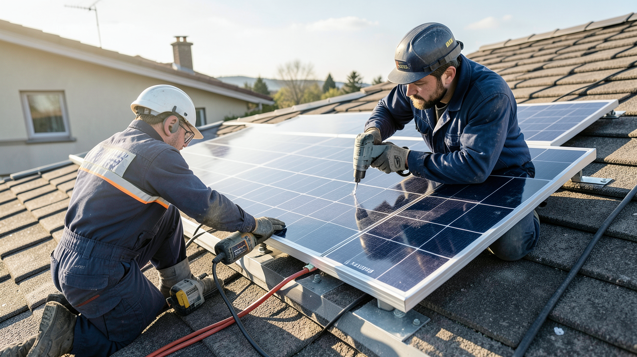 panneau solaire 1500w en cours d'installation sur un toit résidentiel par un technicien