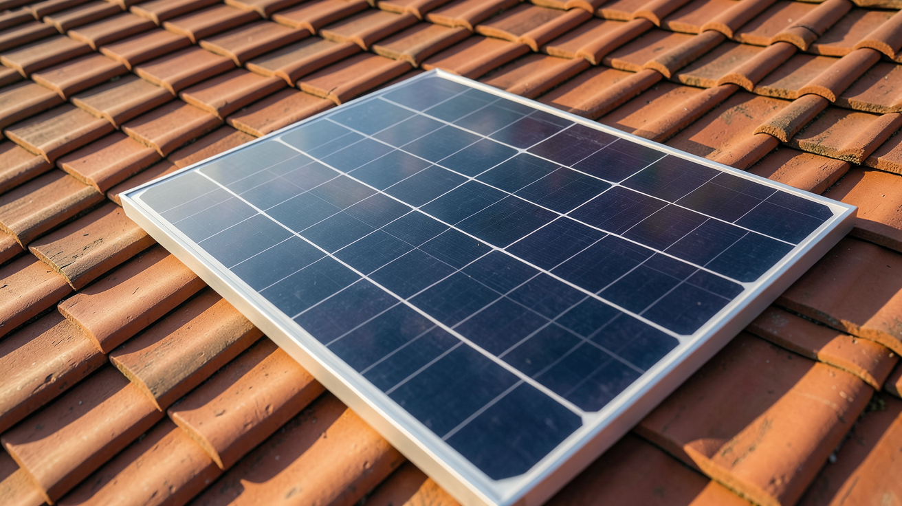 panneau solaire 160W monocristallin posé sur un toit en tuiles rouges avec lumière naturelle du matin