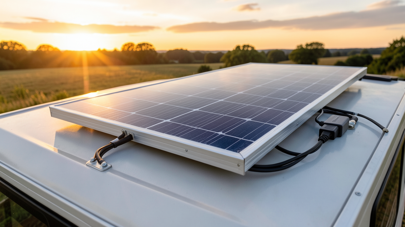 panneau solaire 160w installé sur le toit d'un van aménagé en camping-car avec câbles et régulateur de charge