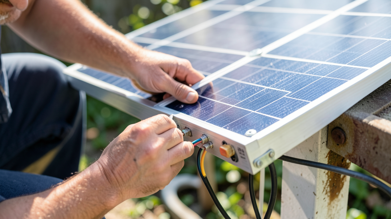 panneau solaire 175w en cours d'installation et de montage sur un support technique