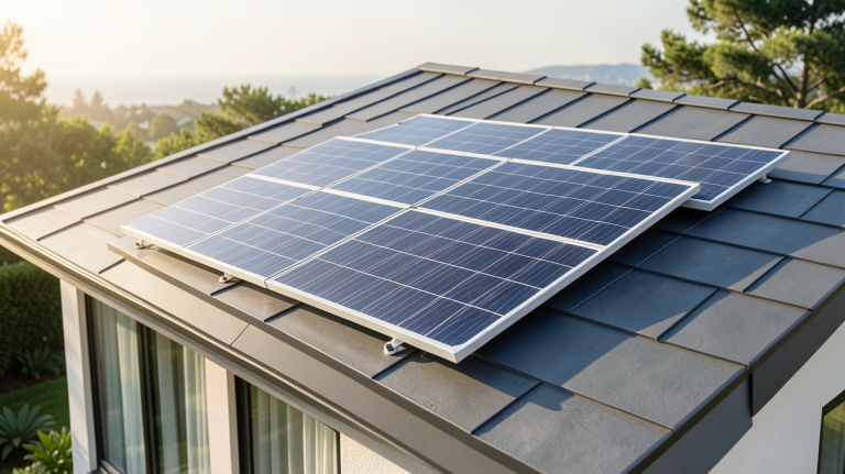 panneau solaire 175w installé sur le toit d'une maison moderne, capturé en lumière naturelle avec un rendu haute résolution.