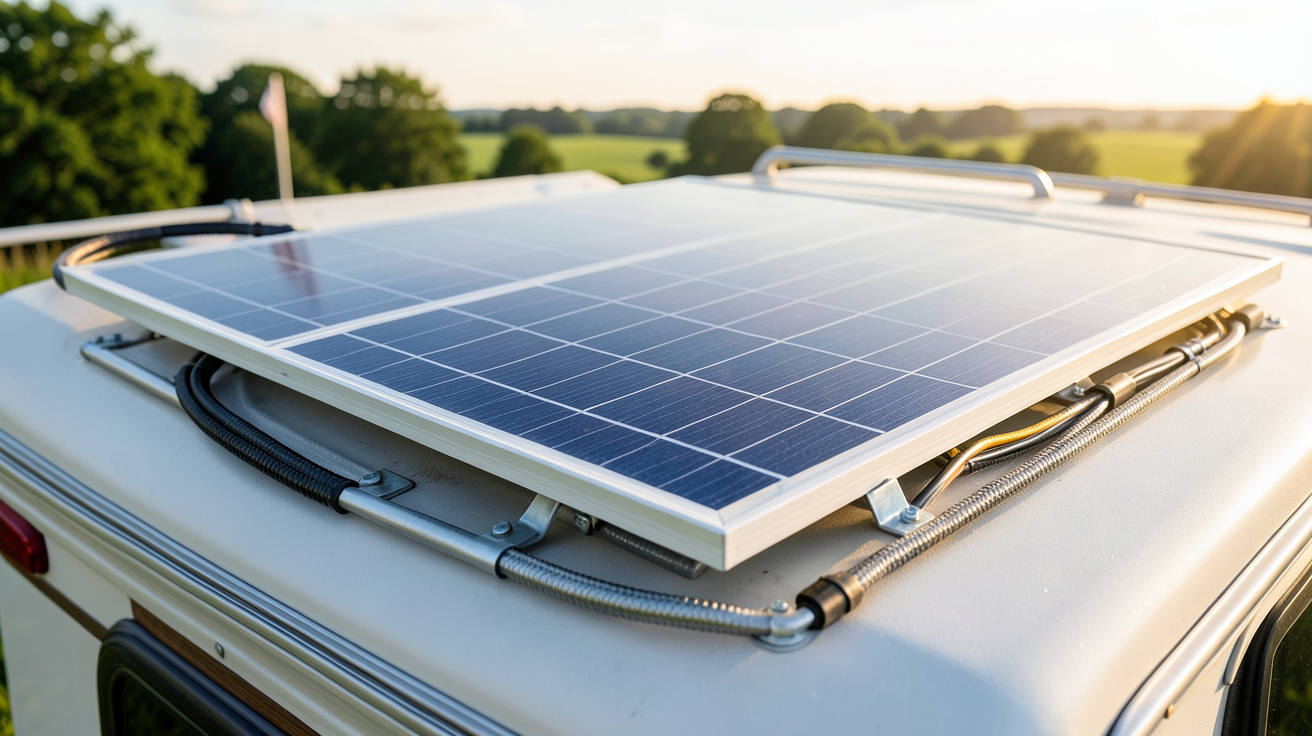 panneau solaire 180W installé sur le toit d'un camping-car avec fixations étanches et câbles organisés
