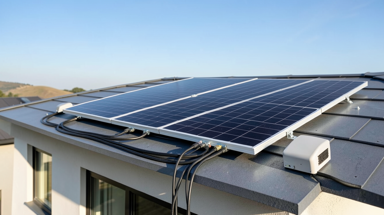 panneau solaire 1kW plug & play installé sur le toit d'une maison moderne avec onduleur intégré