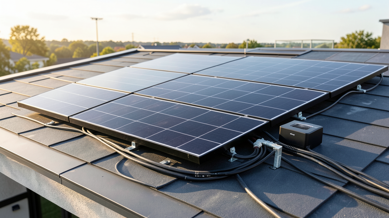 panneau solaire 1kW kit plug & play installé sur un toit de maison moderne avec onduleur et câbles