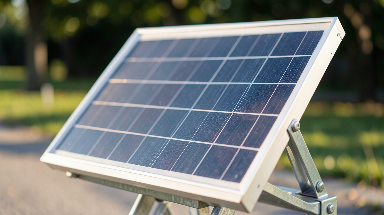 panneau solaire 200 watts monocristallin posé sur un support métallique avec lumière naturelle du matin