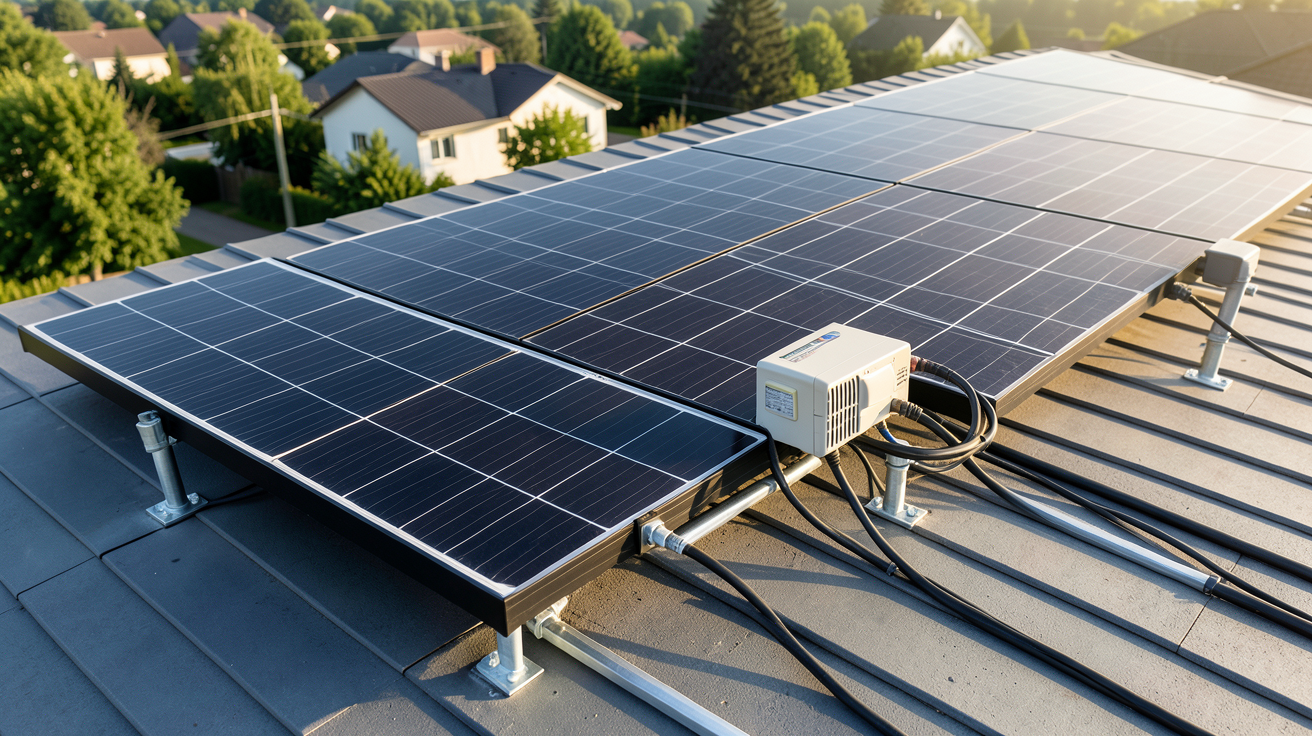 panneau solaire 2000w d'un kit solaire installé sur un toit résidentiel avec onduleur et accessoires