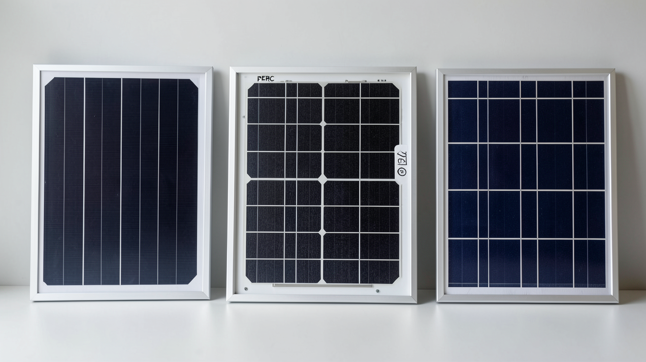 panneau solaire 200w 12v comparant trois technologies : SHINGLED, PERC et classique