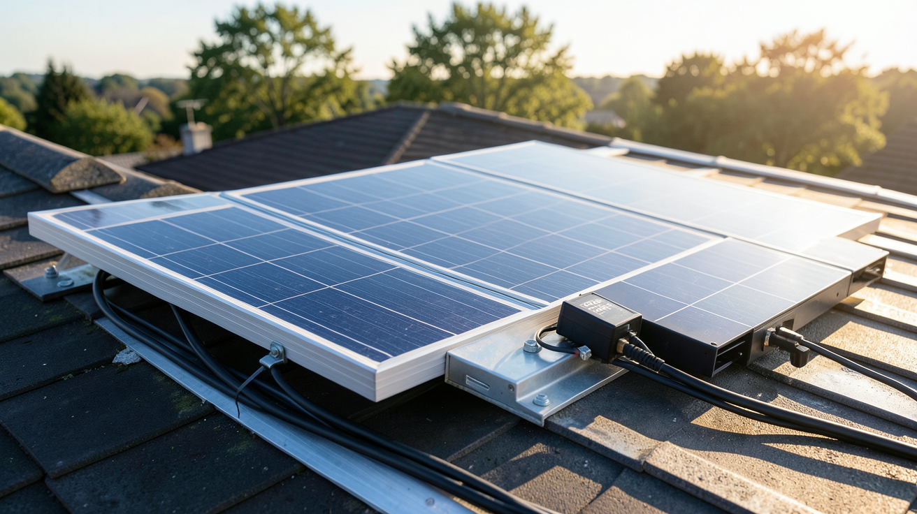 panneau solaire 200W 12V en cours d'installation sur un toit résidentiel avec vue sur les câbles et le régulateur de charge