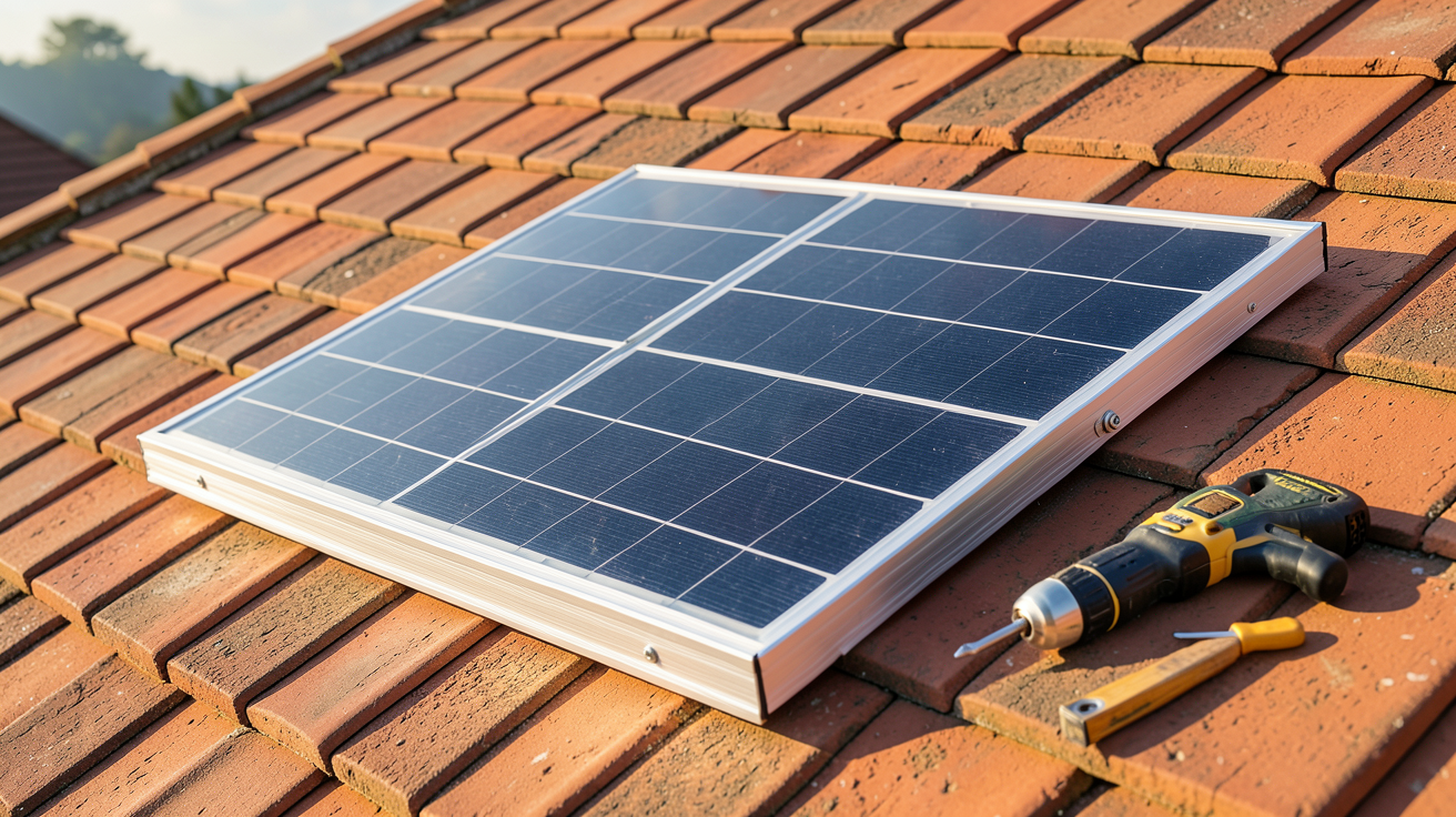 panneau solaire 200w 12v monocristallin installé sur un toit en tuiles rouges avec outils de bricolage à côté