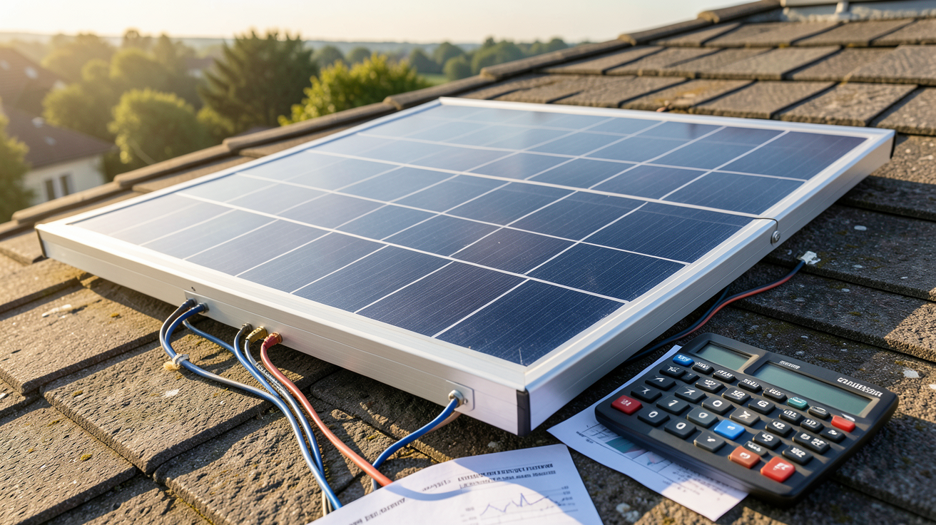panneau solaire 200W 12V installé sur un toit avec des documents financiers et des calculatrices illustrant la rentabilité et les incitations financières