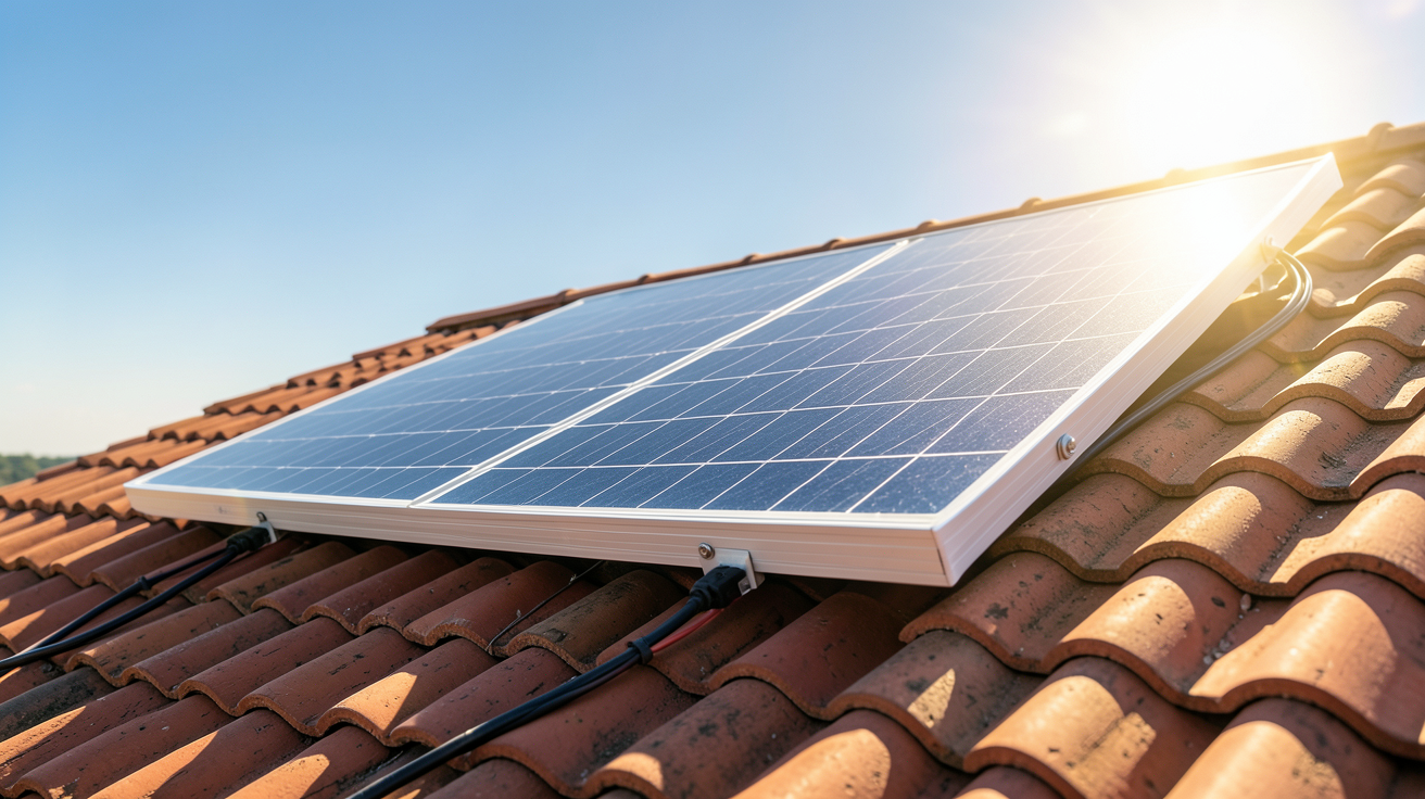 panneau solaire 200W installé sur un toit en tuiles rouges avec calcul de production énergétique