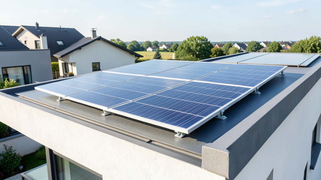 panneau solaire 2022 installé sur le toit d'une maison moderne, capturé en pleine lumière du jour avec un rendu net et réaliste