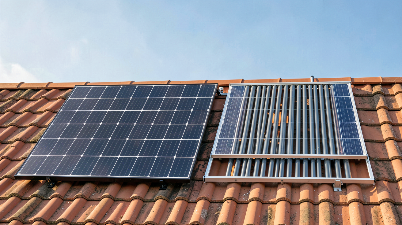 panneau solaire 2023 comparant un panneau photovoltaïque et un panneau thermique sur un toit