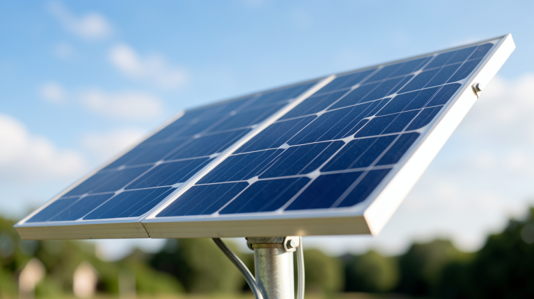 panneau solaire 20W installé sur un support extérieur en aluminium sous un ciel bleu clair