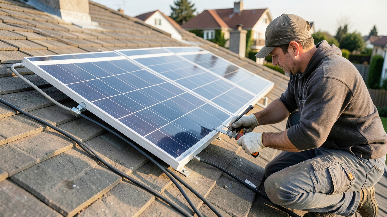 panneau solaire 20W en cours d'installation sur un toit résidentiel par un débutant