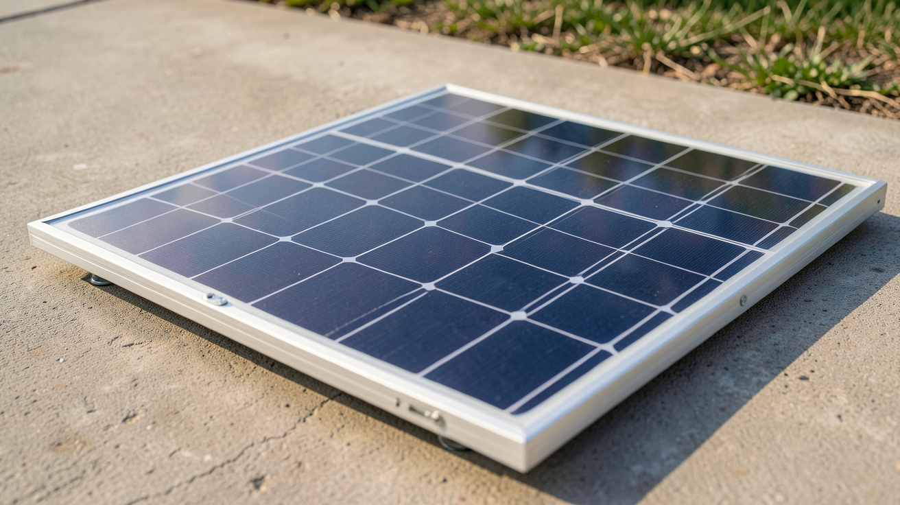 panneau solaire 20W monocristallin posé sur une surface plane en extérieur avec lumière naturelle du matin