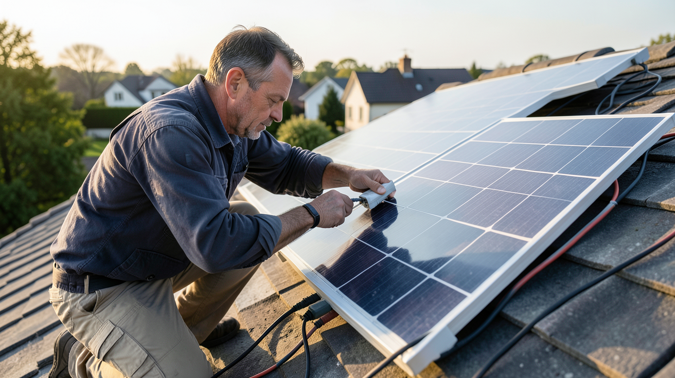panneau solaire 220 volts installation étape par étape technicien en train de fixer le panneau sur un toit