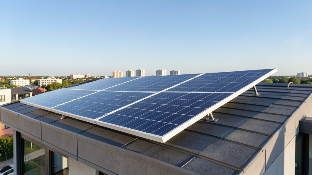 panneau solaire 220 volts installé sur le toit d'une maison moderne