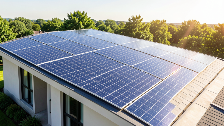 panneau solaire 220v 3000w installé sur le toit d'une maison contemporaine sous un soleil radieux